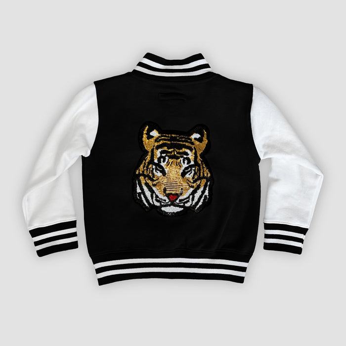Born Cool - Kids Black Varsity Jacket | Sequin Tiger